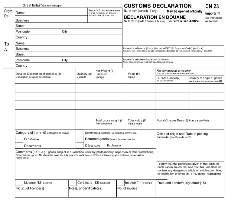 Customs Declaration CN23 Form