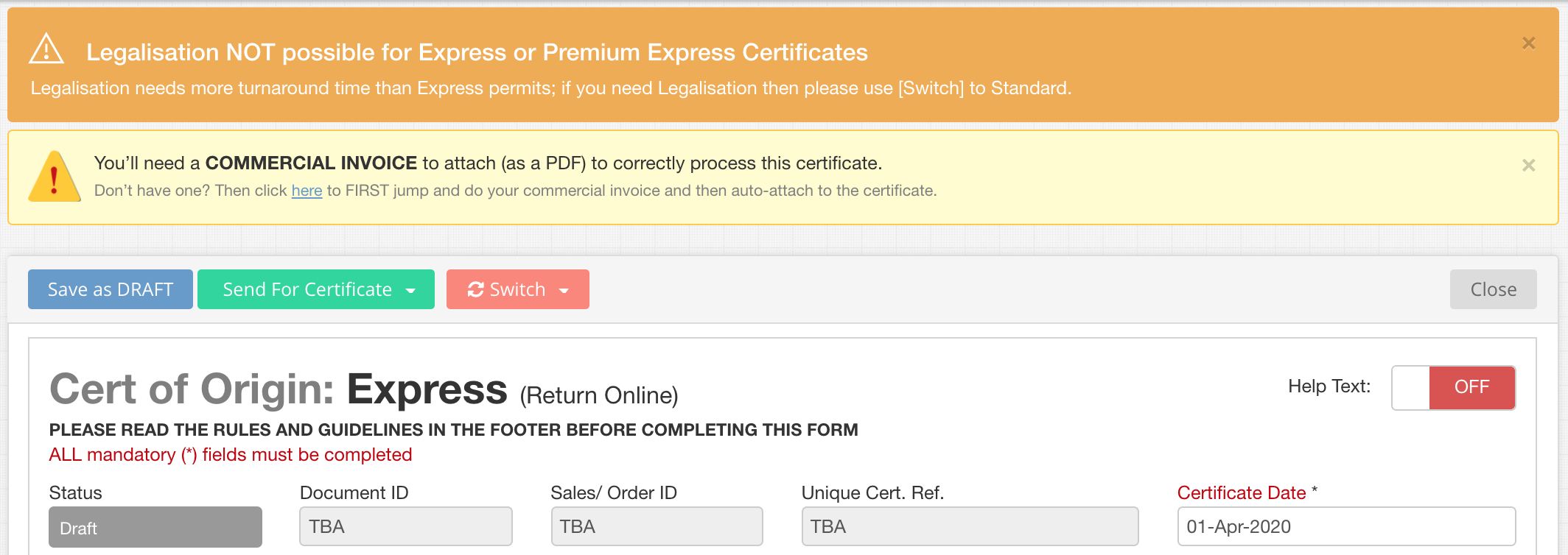 Messages on EC Certificate of Origin