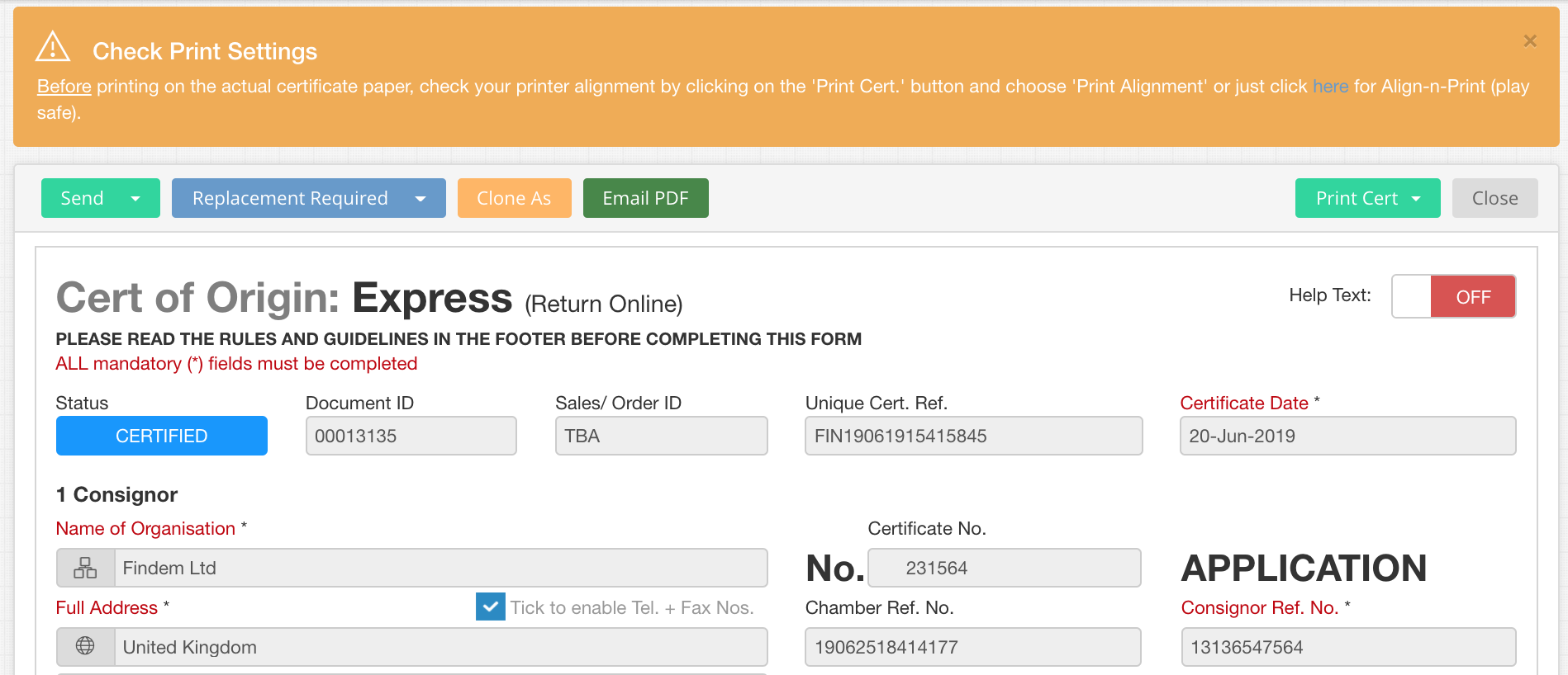 EdgeCERTS Self Print EC Certificate of Origin