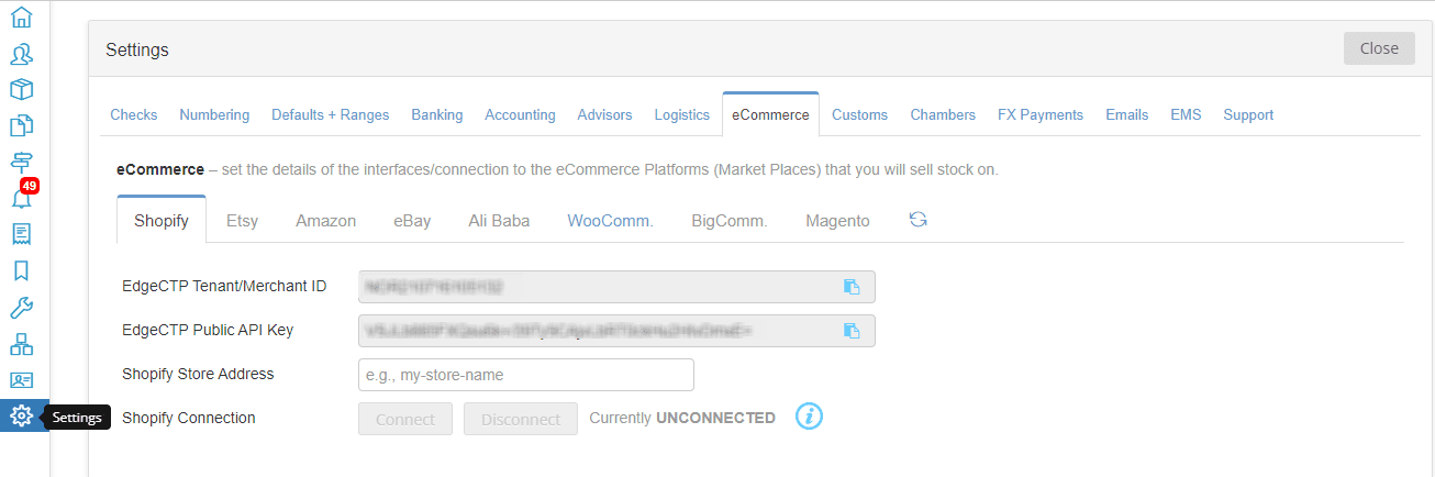 Ecommerce Setting Page View